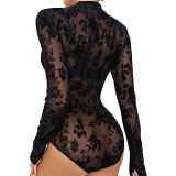 New European and American Spicy Girl Mesh Flocking Tight and Tempting One Piece Underwear Hollow out Transparent Sexy Pure Desire One Piece