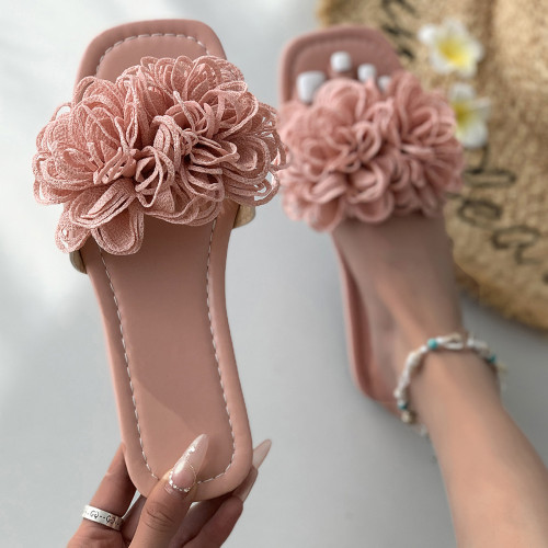 Japan and South Korea Foreign Trade Large Size Flower One word Slippers Women's Cross border New Square Head Flat Bottom Beach Sandals Slippers