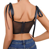 Cross border fashion European and American fishbone design with steel ring, floral mesh, slim fit, perspective, beautiful back, sexy suspender vest