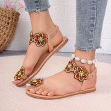 European and American foreign trade large-sized flower flat sandals, women's cross-border vacation style, toe clip elastic band, beach sandals and slippers Wish