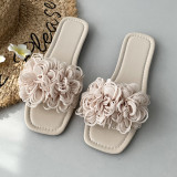 Japan and South Korea Foreign Trade Large Size Flower One word Slippers Women's Cross border New Square Head Flat Bottom Beach Sandals Slippers