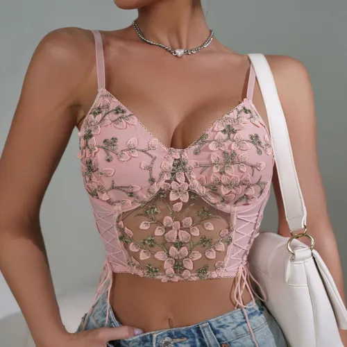 New European and American Sexy Embroidered Waist Tie with Pure Desire Wind Hanging Strap Tank Top Perspective Mesh Sexy Beauty Back Underwear for Women