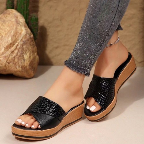 European and American foreign trade large-sized stone patterned fish mouth thick sole slippers for women cross-border casual wear, sloping heel, one line sandal Wish