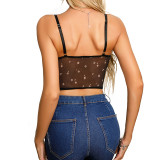 Cross border new European and American sexy lace print V-neck perspective slim fit fishbone beautiful back short spicy girl camisole