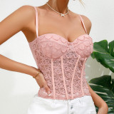 European and American fashion Instagram sweet and spicy lace sexy perspective with chest pad, steel ring, fishbone waist, women's V-neck suspender vest