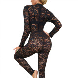 European and American Summer New Sexy Spicy Girl Black Lace Jacquard Hollow Perspective Long Sleeve Temperament Slim Fit jumpsuit