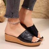 European and American foreign trade large-sized stone patterned fish mouth thick sole slippers for women cross-border casual wear, sloping heel, one line sandal Wish