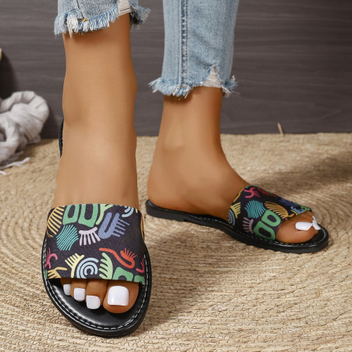 European and American foreign trade large-sized graffiti flat bottomed flip flops for women cross-border round headed lightweight beach sandals Slippers