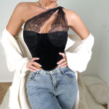 New European and American Black Lace One Shoulder Perspective Velvet Sexy Fishbone Tie Waist Slimming Tank Top for Women