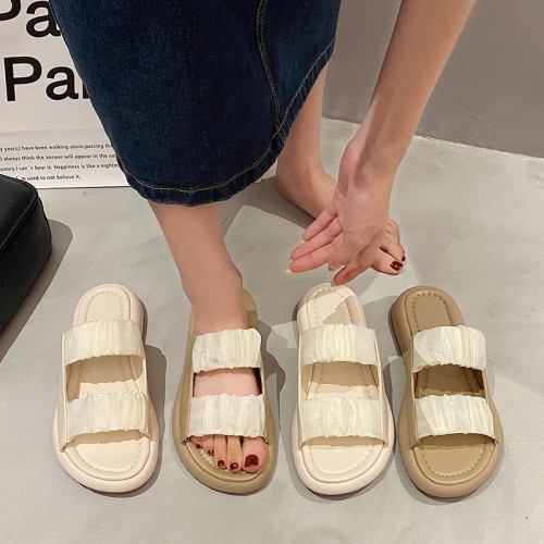 Summer new pleated lace one line thick sole slippers for women's foreign trade leisure lightweight and versatile flat bottomed beach sandals