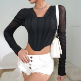 European and American Autumn and Winter Spicy Girls New Sexy Waist Shrinking and Slim Fishbone Mesh Design Folded Diamond Pile Sleeve Top for Women