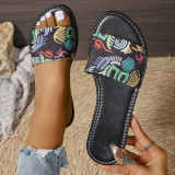 European and American foreign trade large-sized graffiti flat bottomed flip flops for women cross-border round headed lightweight beach sandals Slippers