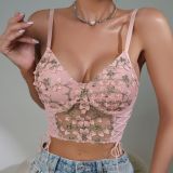 New European and American Sexy Embroidered Waist Tie with Pure Desire Wind Hanging Strap Tank Top Perspective Mesh Sexy Beauty Back Underwear for Women