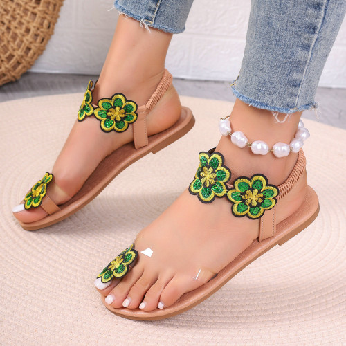 European and American foreign trade large-sized flower flat sandals, women's cross-border vacation style, toe clip elastic band, beach sandals and slippers Wish