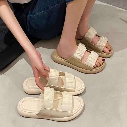 Summer new pleated lace one line thick sole slippers for women's foreign trade leisure lightweight and versatile flat bottomed beach sandals
