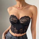 Hot selling sexy perspective in Europe and America, French lace eyelash lace lace lace, low cut fishbone steel ring, anti slip exposed navel bra A966