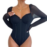 Hot selling new product, simple and sexy, deep V-shaped steel ring mesh, wood ear edge slim fit, long sleeved breathable jumpsuit A740