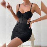 Cross border sexy hot and spicy hollow cross tie steel ring fishbone slim fit suspender pleated wrap buttocks dress A1195