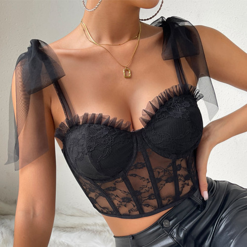 European and American cross-border Instagram style flower lace mesh strap with wooden ear edge steel ring fishbone perspective spicy girl strap A011