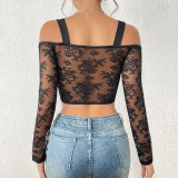 Street Fashion Lace Long sleeved Off Shoulder Steel Ring Fishbone Shoulder Strap Diamond Slim Fit Perspective Sexy Top A1126