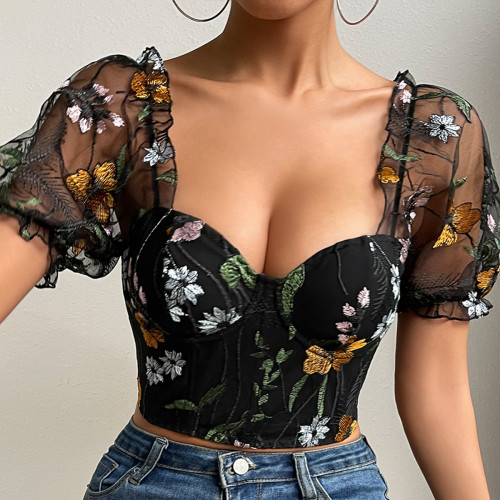 New Mesh Flower Embroidered Buckle Bubble Sleeve Fish Bone Short INS Cross border Slim Fit Spicy Girl Top A1038