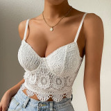 Summer Vacation Leisure Style European and American Sexy Deep V Solid Color Irregular Mesh Steel Ring Buckle Exposed Navel Small Sling 078