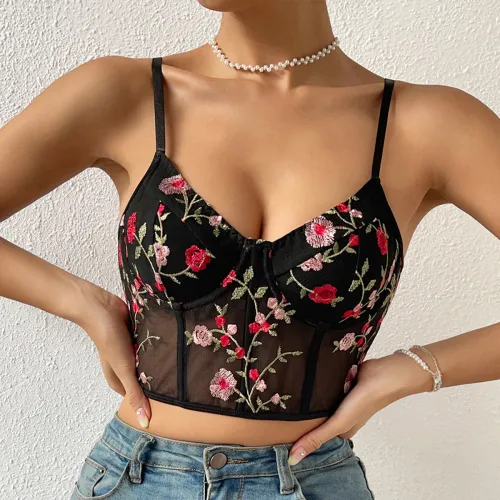 Street Spicy Girl Mesh Embroidered Buckle Slim Fit Fashion Cross border Versatile Backless European and American Style Small Slim Strap A748
