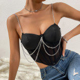 European and American Summer 2023 Street Spicy Girl Mesh Perspective Deep V Irregular Steel Ring Fishbone Open Back Chain Sling A986