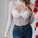 Autumn sexy wild round neck lace eyelash lace lace steel ring long sleeved European and American style slim fit jumpsuit A1324