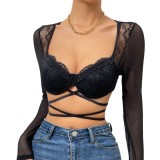 Fashionable and Sexy Deep V Lace Lace Lace Lace Cross Steel Ring Tie Up Exposed Navel Slim Fit Perspective Instagram Mesh Long sleeved Small Top