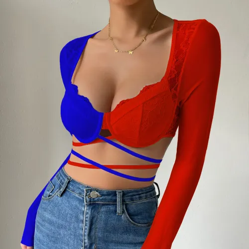 Fashionable and Sexy Deep V Lace Lace Lace Lace Cross Steel Ring Tie Up Exposed Navel Slim Fit Perspective Instagram Mesh Long sleeved Small Top