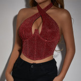 New Fashion, Sexy, Hot and Spicy Style Button up Fish Bone Steel Ring Slim Fit Backless Short Cross Hanging Neck Top A242