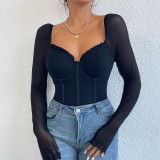 Hot selling new product, simple and sexy, deep V-shaped steel ring mesh, wood ear edge slim fit, long sleeved breathable jumpsuit A740