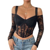 Street Fashion Lace Long sleeved Off Shoulder Steel Ring Fishbone Shoulder Strap Diamond Slim Fit Perspective Sexy Top A1126
