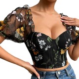 New Mesh Flower Embroidered Buckle Bubble Sleeve Fish Bone Short INS Cross border Slim Fit Spicy Girl Top A1038