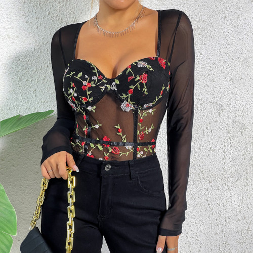Autumn New Vintage Mesh Flower Embroidery Versatile Steel Ring Waist Closing Perspective Long Sleeve Sexy jumpsuit 1225