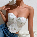 Hot selling fashion item in foreign trade, spicy girl style, flower embroidery, fishbone steel ring, diamond shaped backless outer wear, lace up bra A978