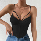 INS Summer Fashion Diamond Slim Fit Sexy Open Back Fishbone Steel Ring Solid Color Versatile Spicy Girl Tank Top A11028