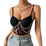 European and American Amazon sexy spicy girl style lace fishbone steel ring buckle slim fit pearl chain sling A00