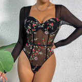 Autumn New Vintage Mesh Flower Embroidery Versatile Steel Ring Waist Closing Perspective Long Sleeve Sexy jumpsuit 1225