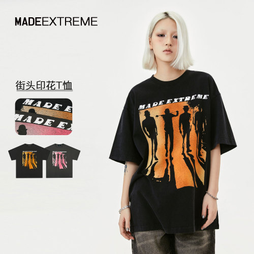 MADEEXTREME Street Sunset Shadow High end and Small Stand Vintage Heavyweight Cotton Trendy Short sleeved T-shirt for Men and Women