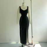 Super hot summer women's black rhinestone hollowed out suspender long skirt with high slit elastic exhibition dress