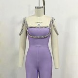 Caring Kiss New High Waist jumpsuit Light Purple Fashion jumpsuit Large Diamond Wide Leg Pants