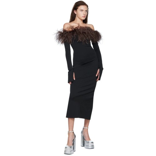 Camel Hair Designer Women's New Spring Dress Black Long sleeved One Shoulder Long Bandage Dress