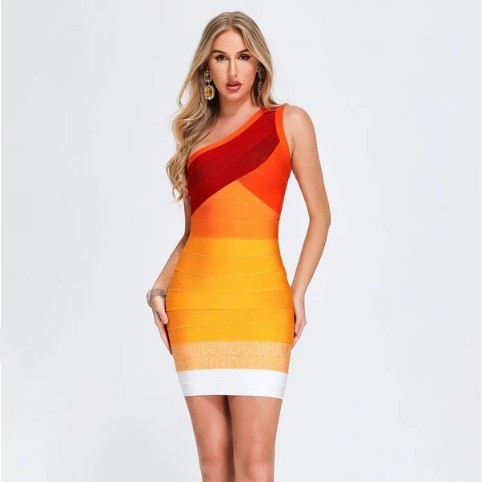 Meiyang Factory Clothes Explosion Christmas Unique Design Sense Color Block Single Shoulder Skirt Elegant Bandage Dress Banquet