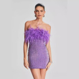 Celebrity matching women's feather sequin strapless dress with high-end temperament and ostrich hair birthday dress