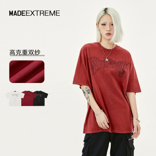 MADEEXTREME China-Chic the Year of the Loong lettering summer heavy wash worn print short sleeved t-shirt men's base