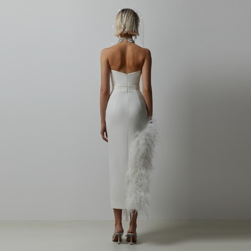 Autumn New Women's High end Celebrity Style White Dress with Ostrich Hair from Europe and America, Small French Evening Dress
