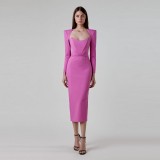 European and American cross-border women's clothing, spring temperament, Hepburn style, square neckline, cow horn shoulder pad, long sleeved bandage dress, first-hand supply
