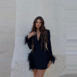 Long sleeved ostrich fur deep V dress for women's party dress, small suit for women's casual and versatile high-end feather dress